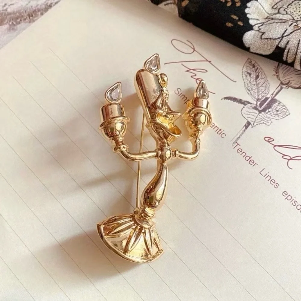 Whimsical Vintage-Style Gold-Tone & Zirconia Candlestick Brooch Pin NWOT